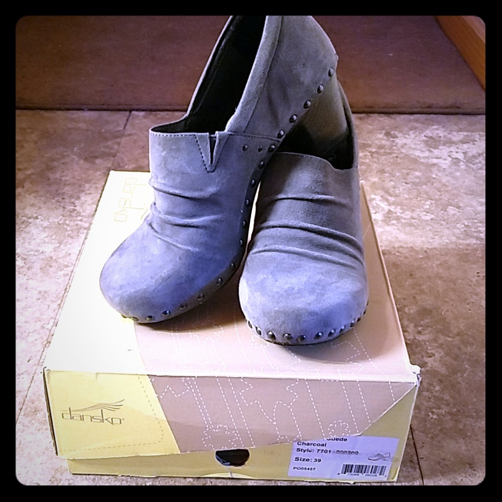 Gray kid suede slip on shoes w/ 2 inch heel